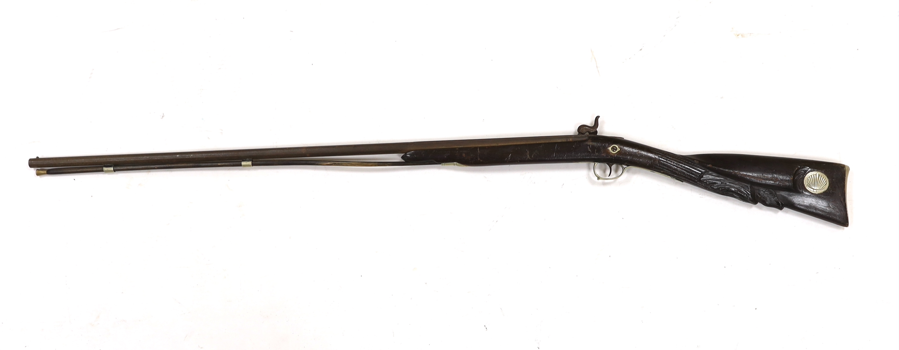 A Belgian back action percussion sporting gun made for the South American market c.1900, with engraved nickel furniture and half stocked barrel, barrel 82cm